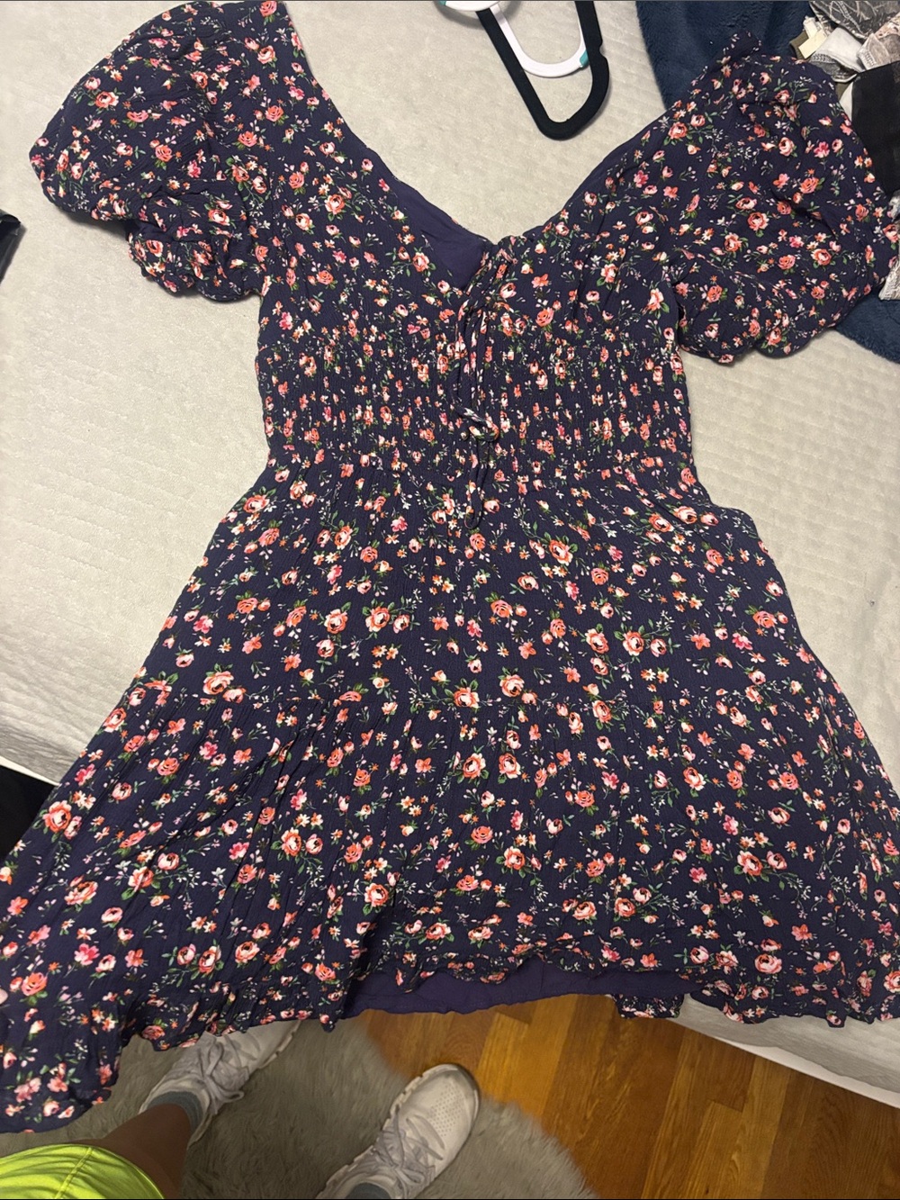 Altar'd State Navy Floral Backless Puff-Sleeve Dress with Pink Roses